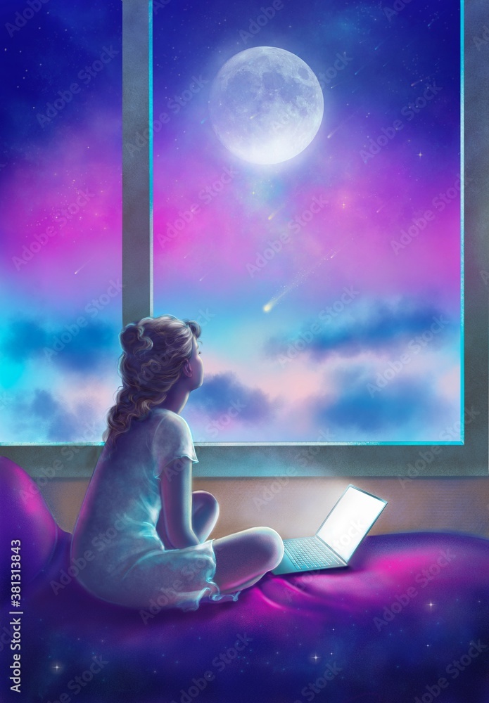 girl looking at moon and stars