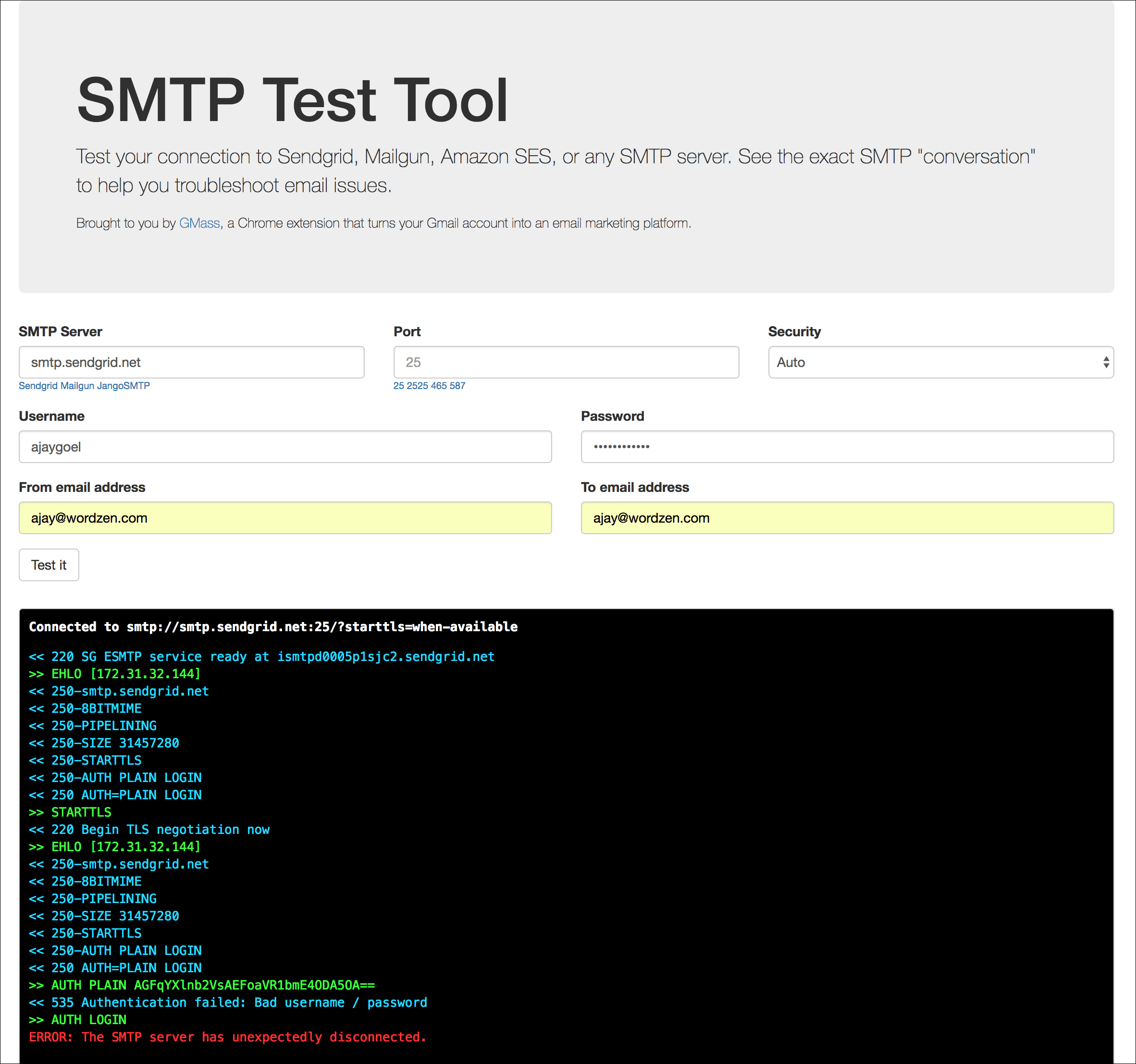 gmass smtp test