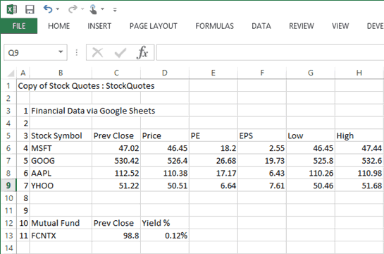 google finance quotes in excel