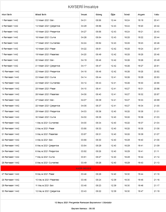 kayseri namaz vakitleri 2021