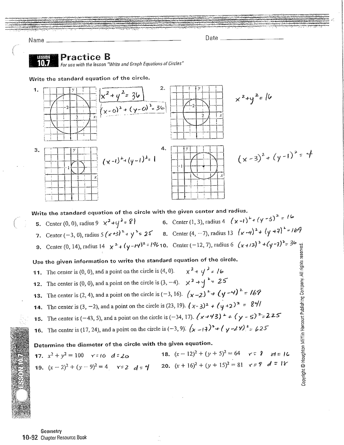 lesson 10.7 practice a geometry answers