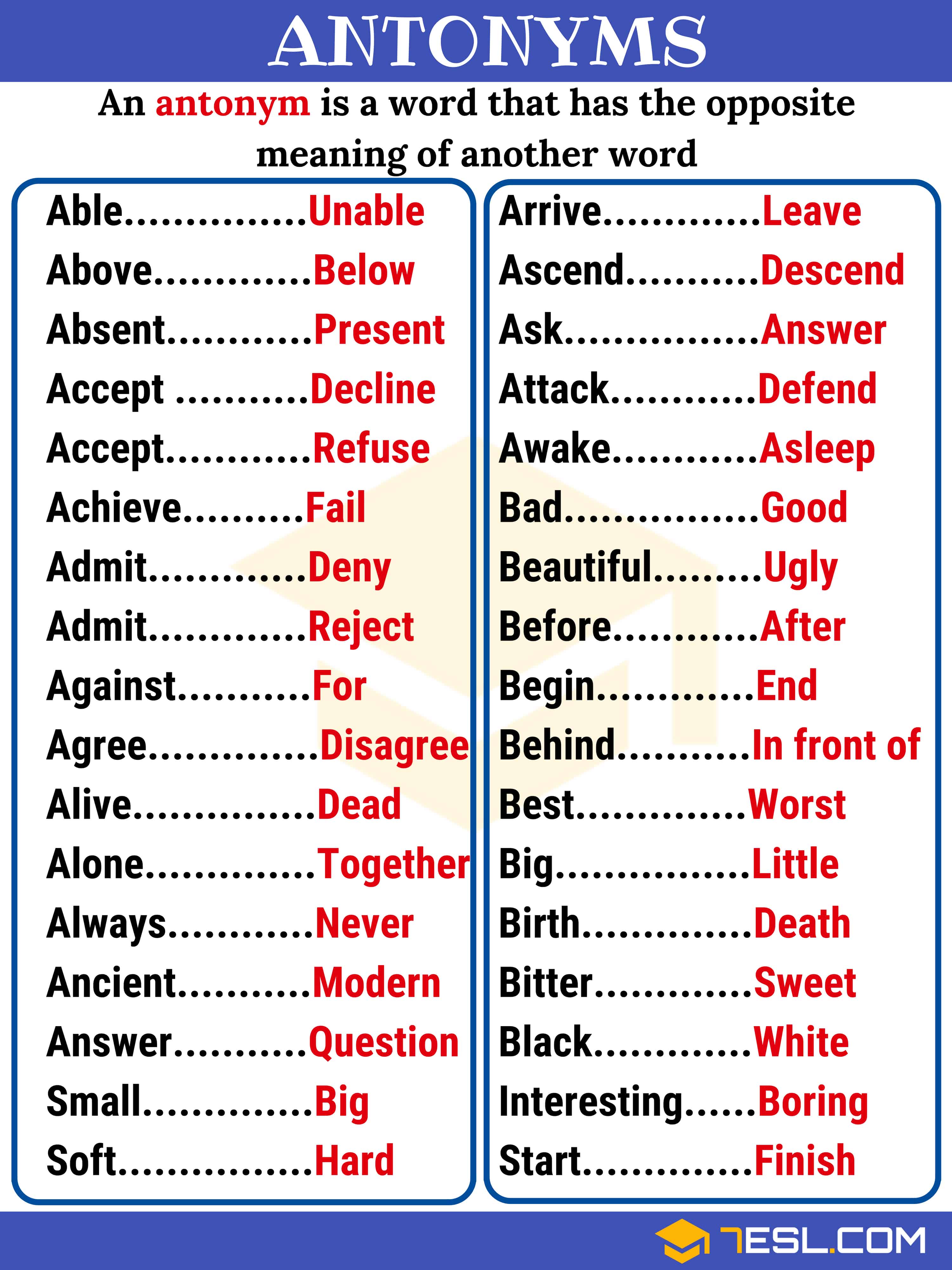 list of antonyms