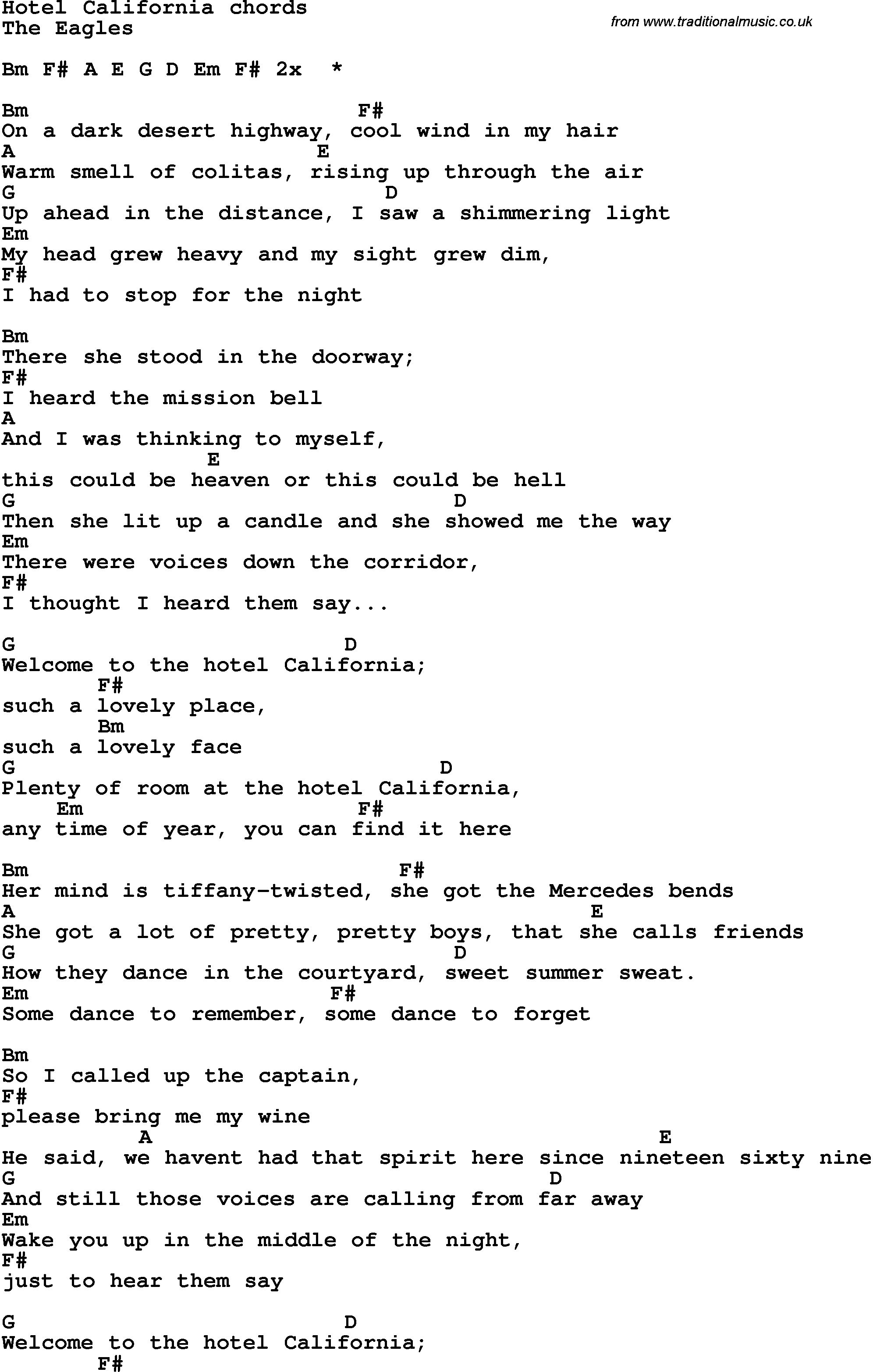 lyrics and chords for hotel california