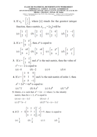 matrices and determinants class 12 worksheets