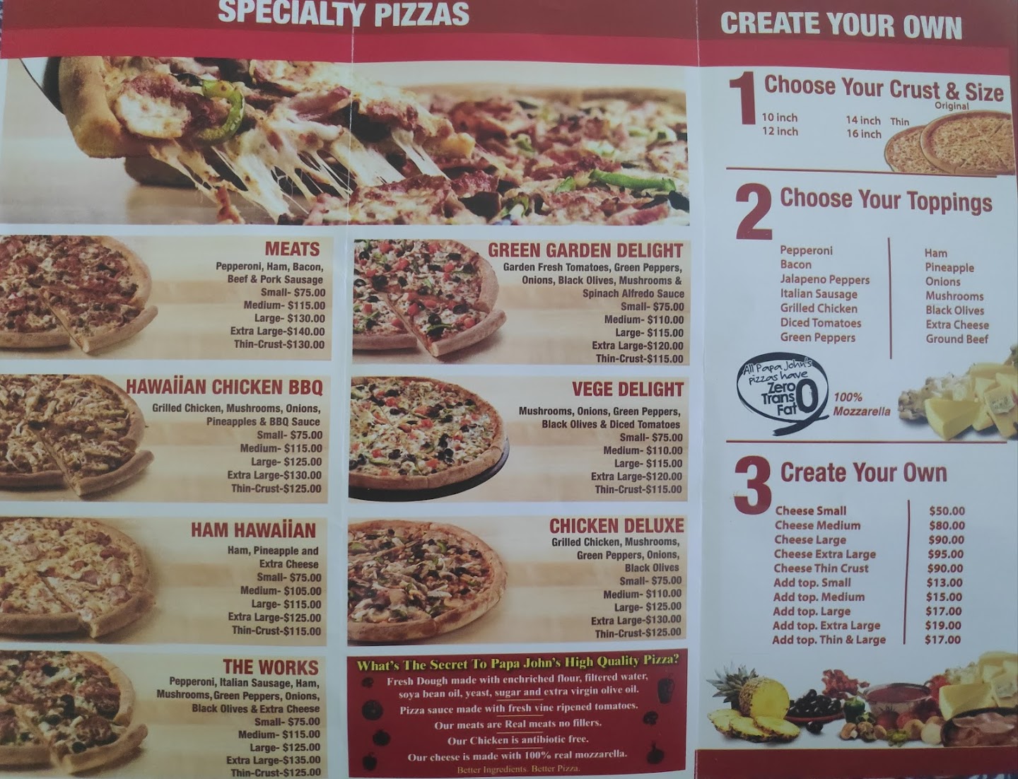 menu papa johns pizza