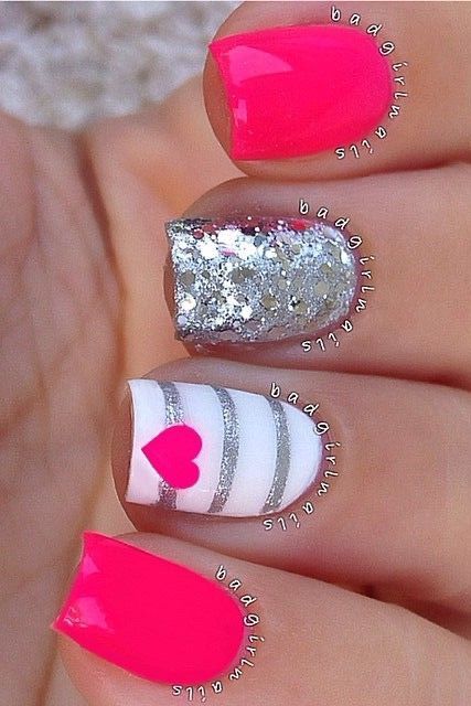 pink silver glitter nails