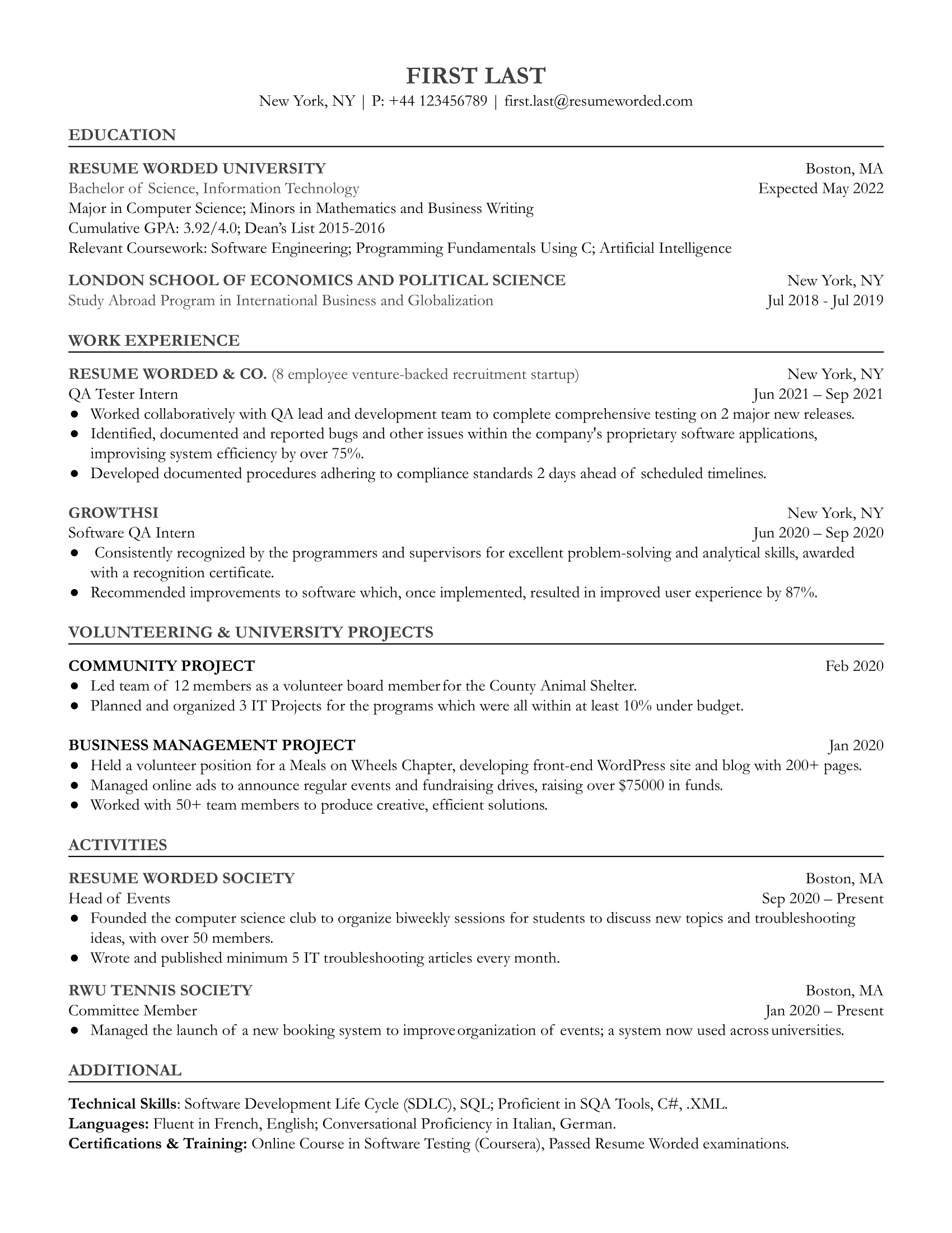 quality assurance resume template