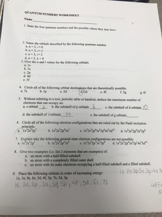 quantum numbers worksheet answers