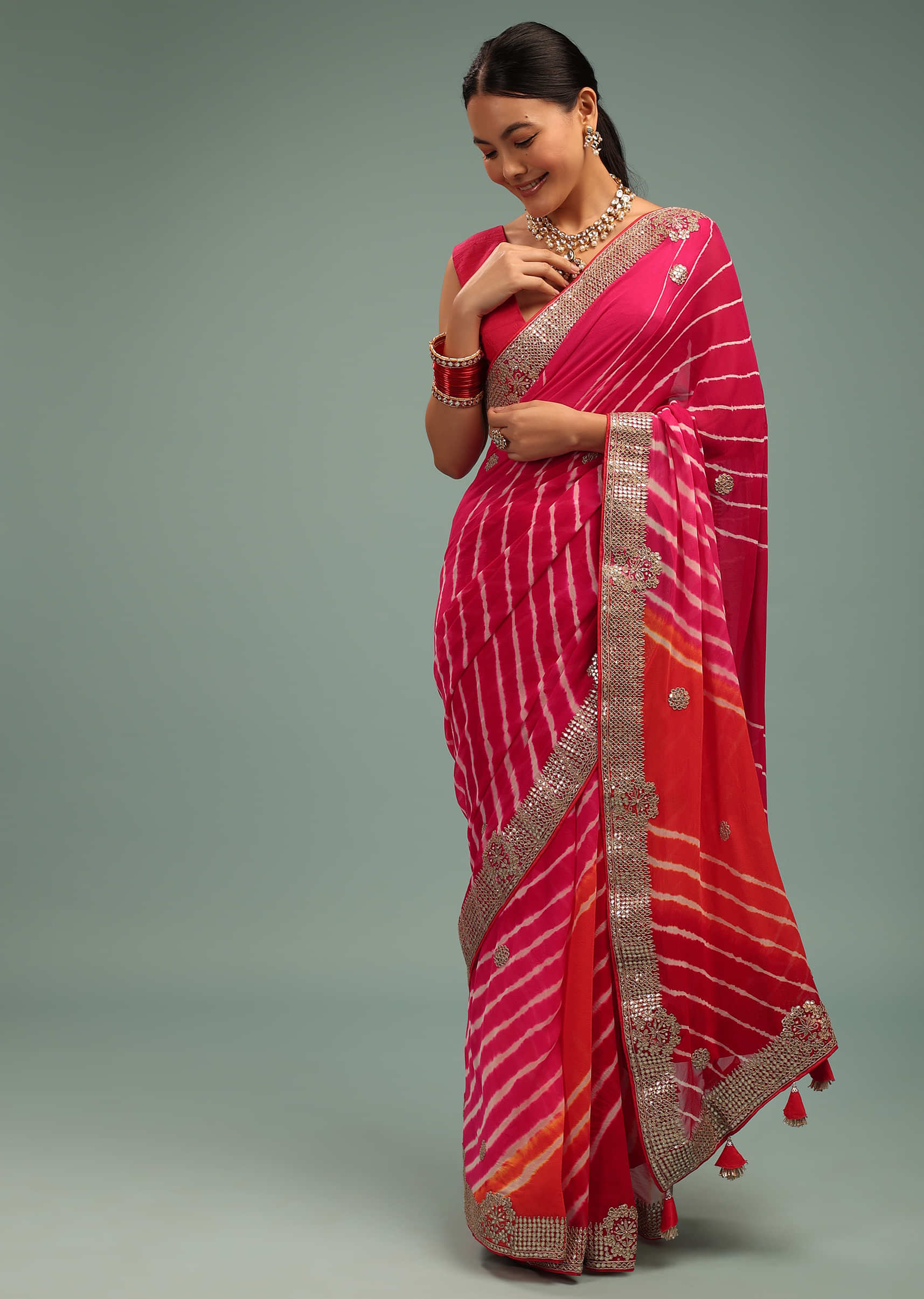 red jaipuri saree