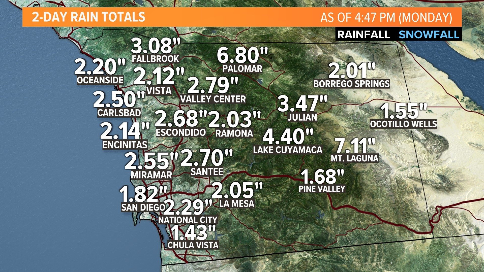 san diego rainfall totals 24 hours