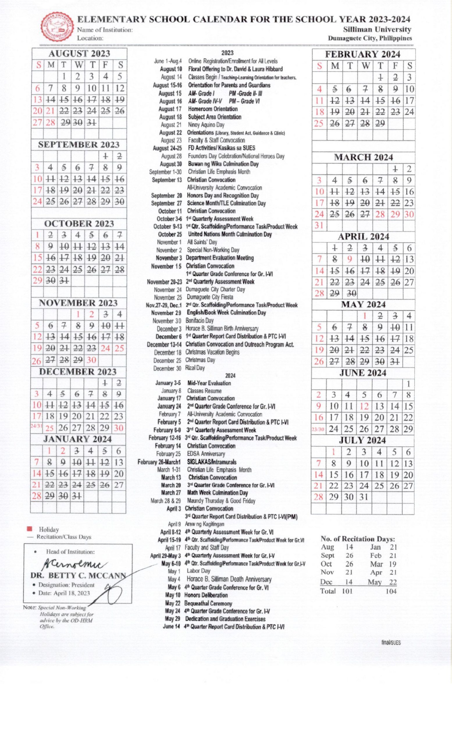 silliman university calendar