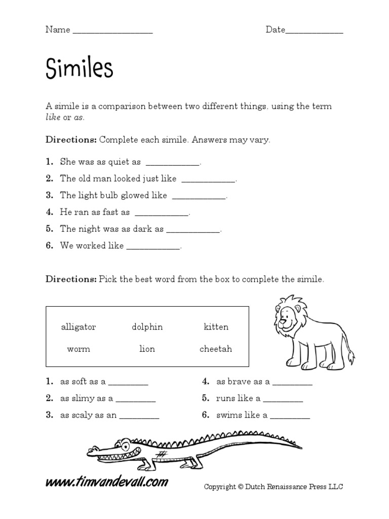 similes worksheet with answers pdf