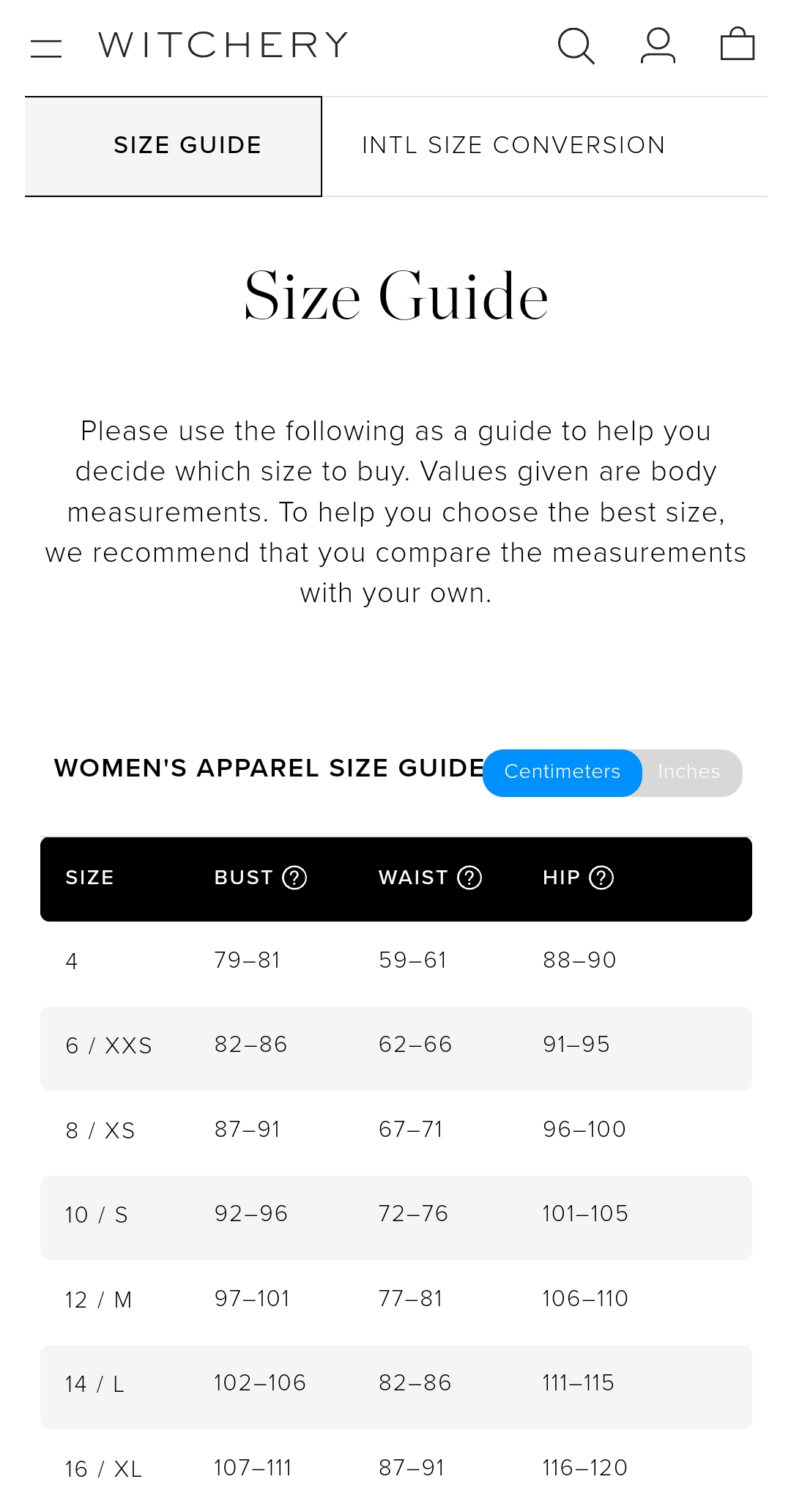 witchery size guide