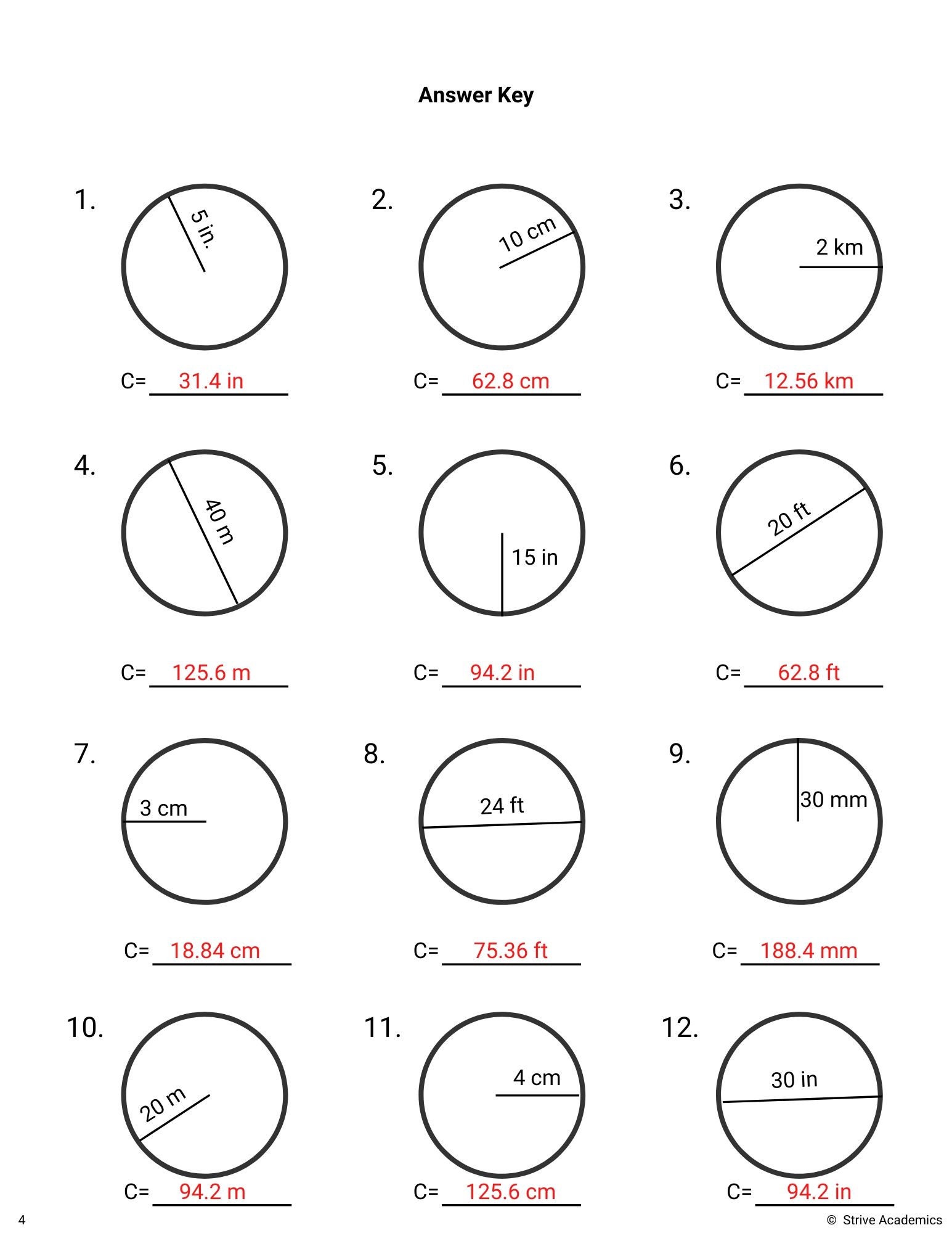 worksheet for circumference of a circle