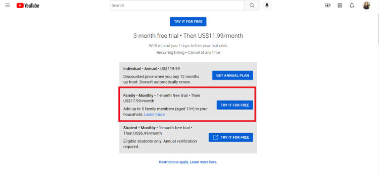 youtube premium family different address